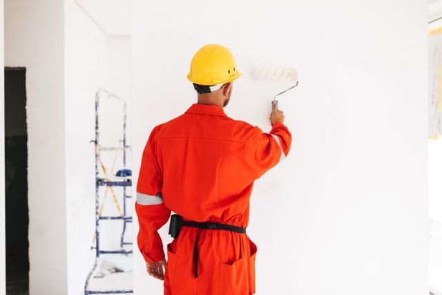 trabajados pasando rodillo de pintura en la pared